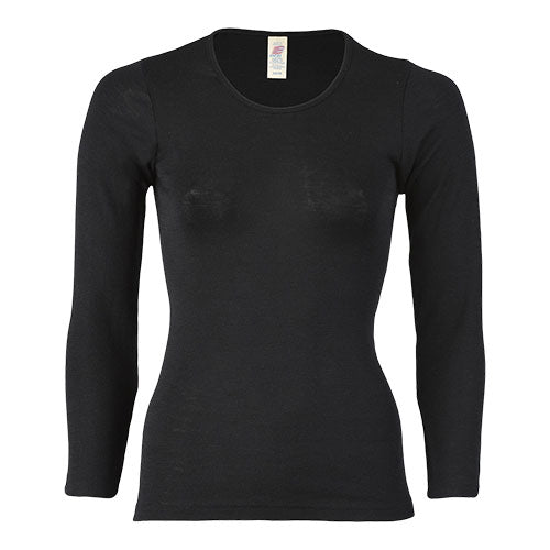 Langærmet bluse, uld/silke, Black, str. 38/40