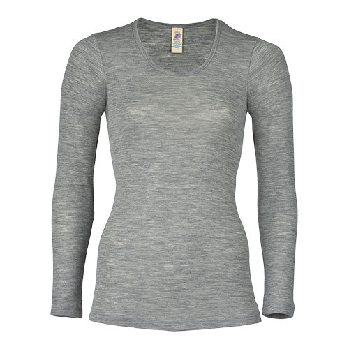 Langærmet bluse, uld/silke, Light grey, str. 46/48