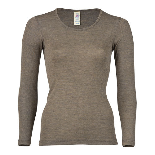 Langærmet bluse, uld/silke, Walnut, str. 42/44