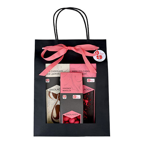 Choklad Gourmet Presentpåse Rosa EKO M. 2 Chokladkakor och Dragee mandlar