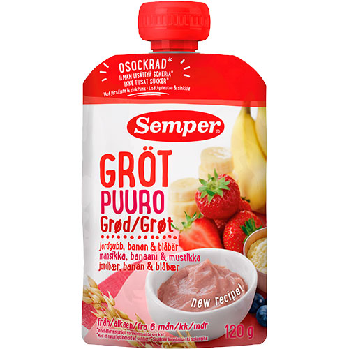 Gröt med jordgubbar, banan och blåbär från 6 mån.