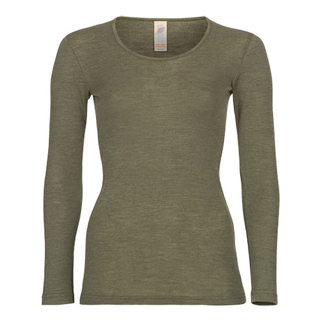 Langærmet bluse, uld/silke, Olive, str. 46/48