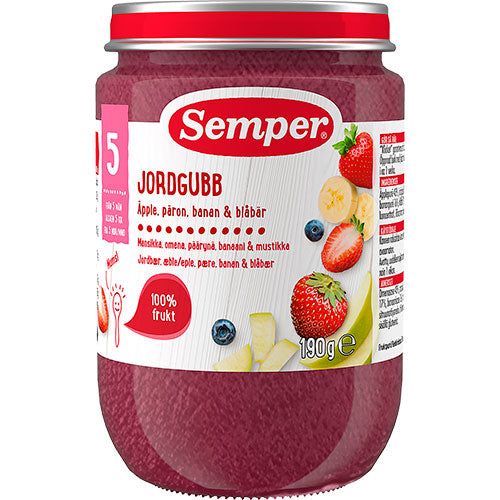 Fruktpuré med jordgubbar, äpple, päron, banan & blåbär 5 mån.
