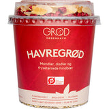 Havregrynsgröt m. mandlar, frysförvärmda hallon Ø & dadlar