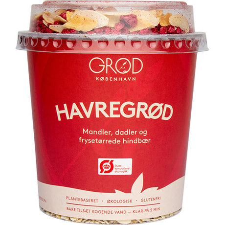 Havregrynsgröt m. mandlar, frysförvärmda hallon Ø & dadlar