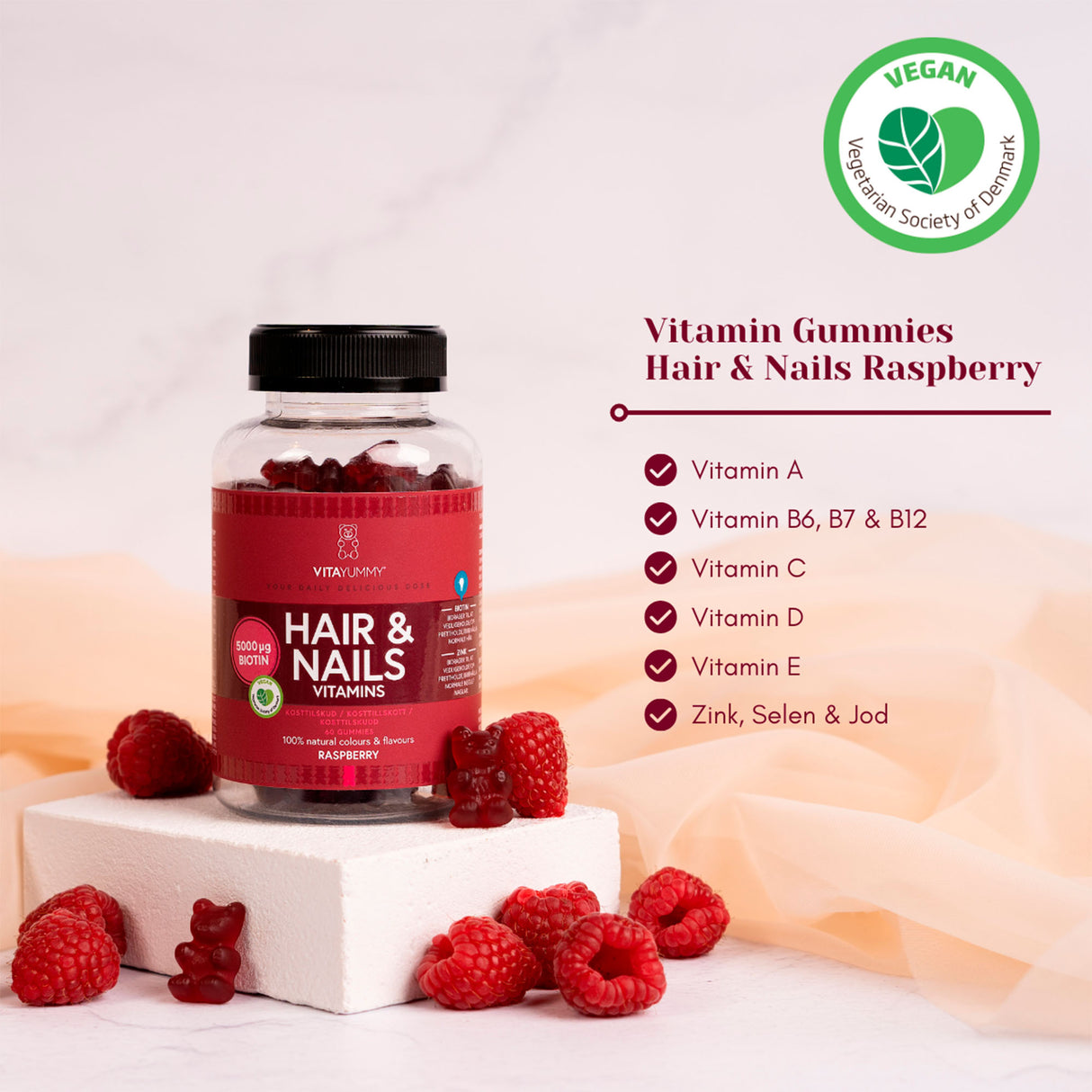 VitaYummy Hair & Nails Raspberry | 60 vingummin